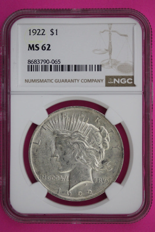 1922 P MS 62 Liberty Peace Silver Dollar NGC Certified Graded Authentic 567