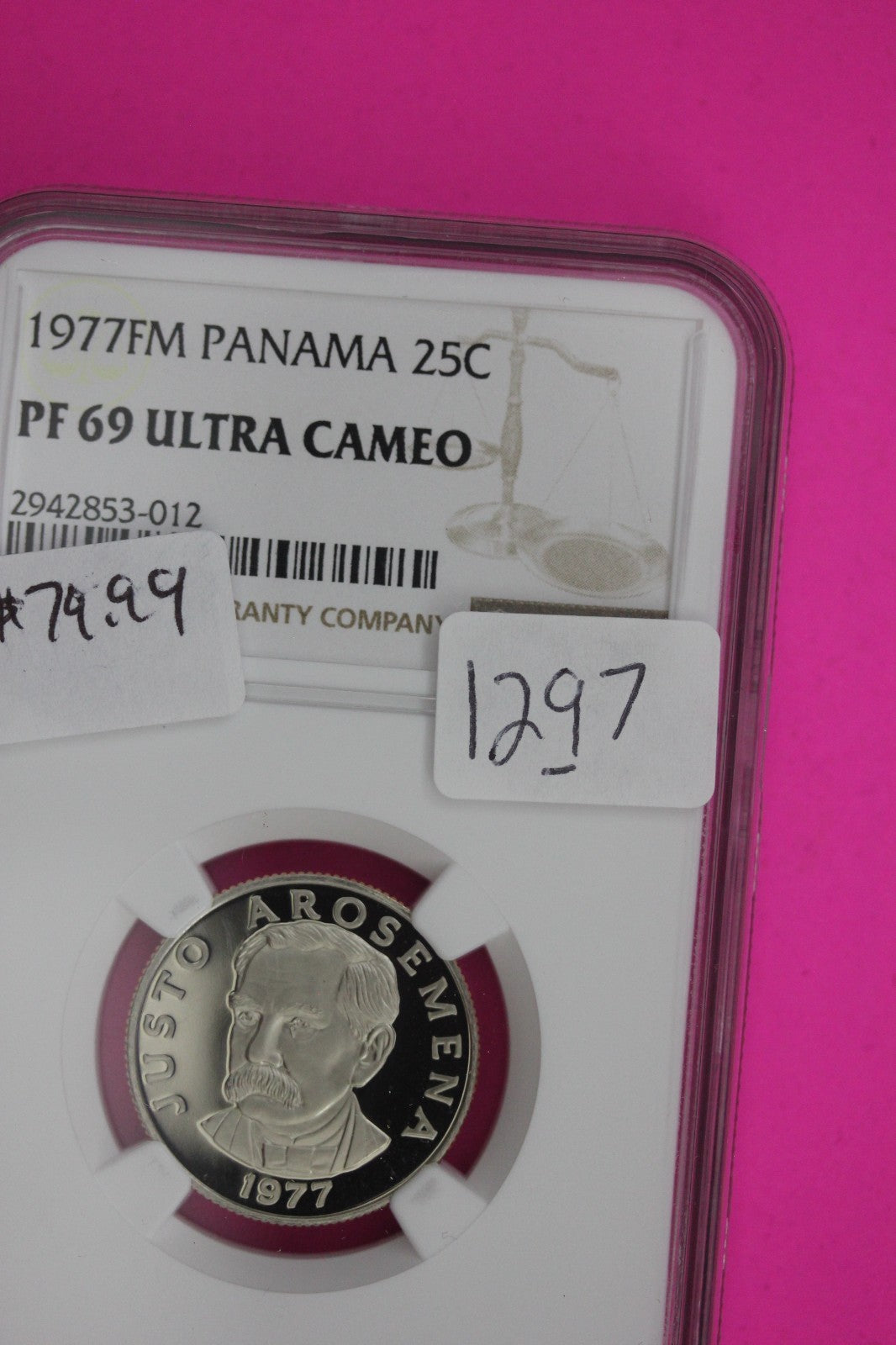 1977 Panama PF 69 Ultra Cameo Proof 25 Centesimos NGC Graded Certified Slab 1297
