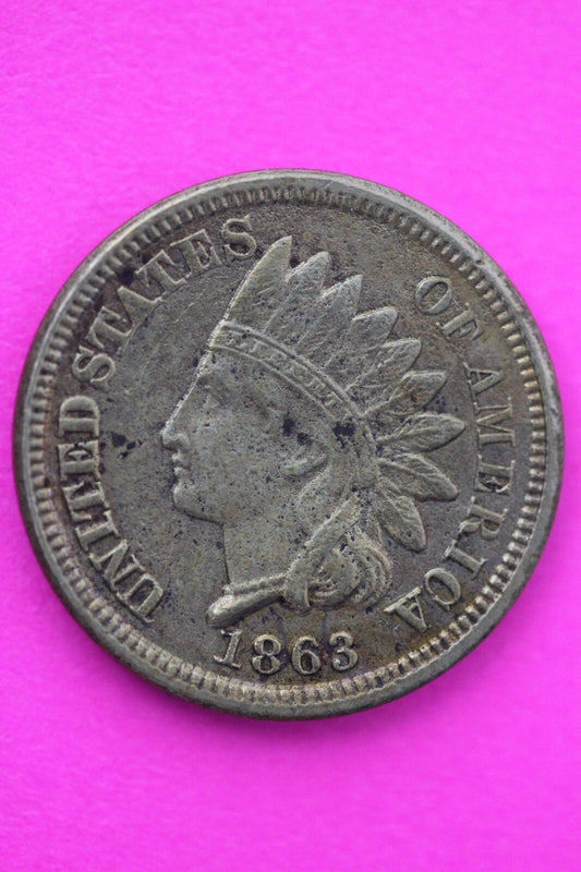High Grade 1863 Copper Nickel Indian Head Cent Penny Scarce Semi Key Date 07