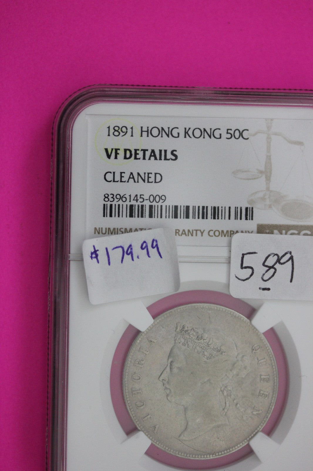 1891 Hong kong 50 Cents VF Details Cleaned NGC Certified Graded Authentic 589