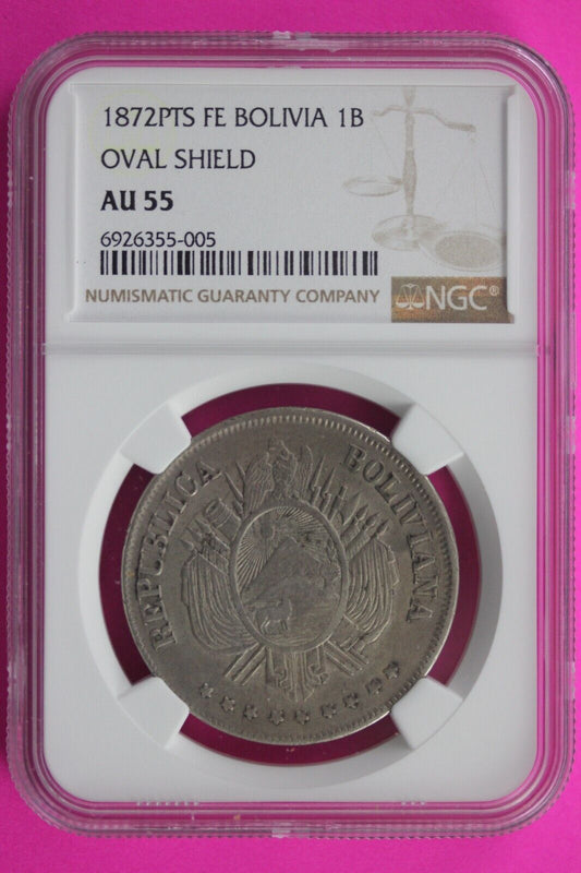 1872 AU 55 Bolivia Oval Shield Boliviano Silver Coin NGC Certified Authentic 561