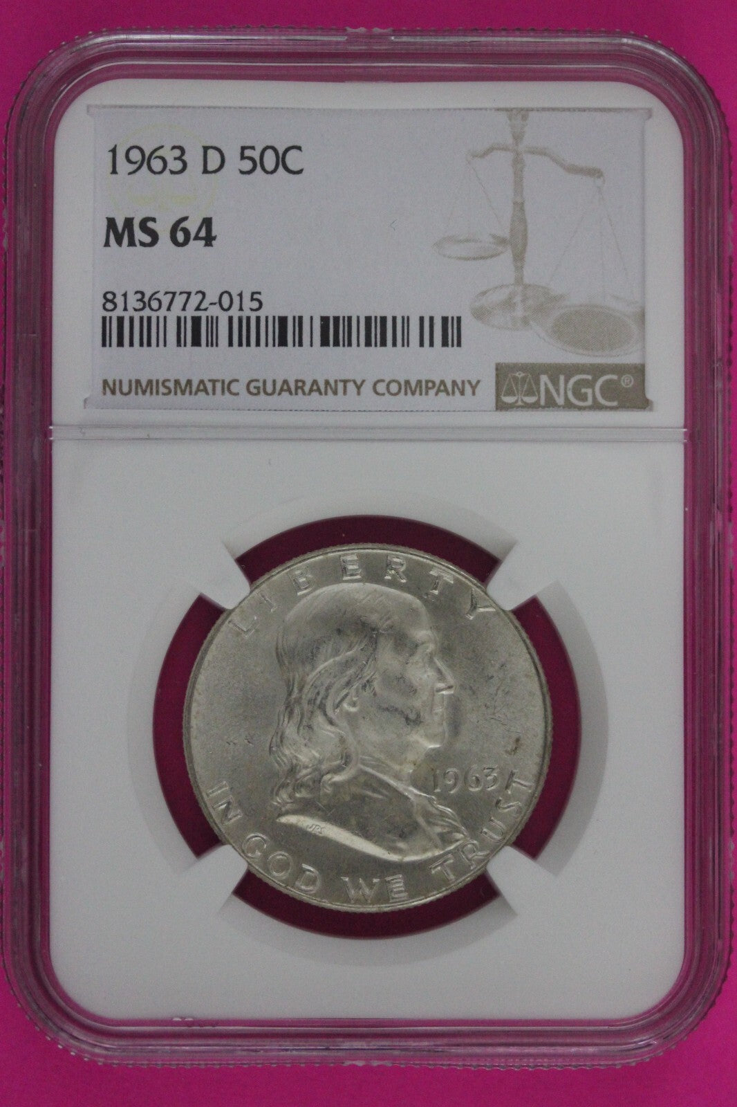 1963 D MS 64 Ben Franklin Half Dollar Silver Coin NGC Graded Authentic Slab 783