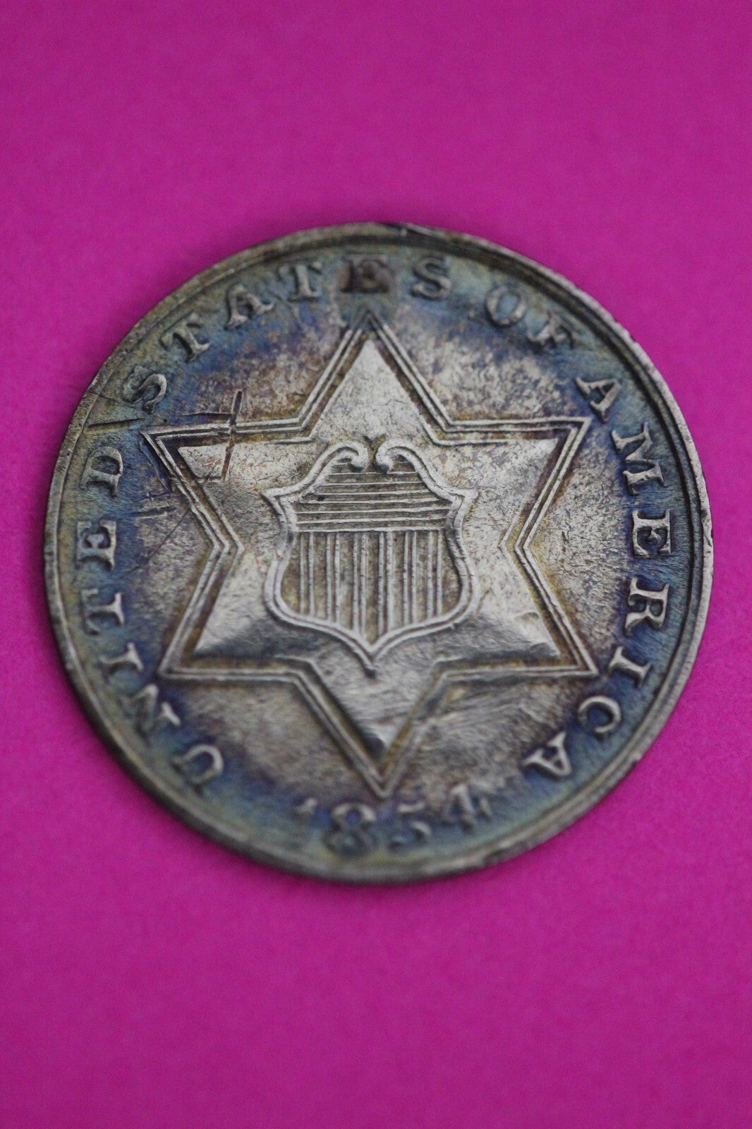 Naturally Toned 1854 Trime 3 Three Cent Silver Dime Guaranteed Authentic 1098