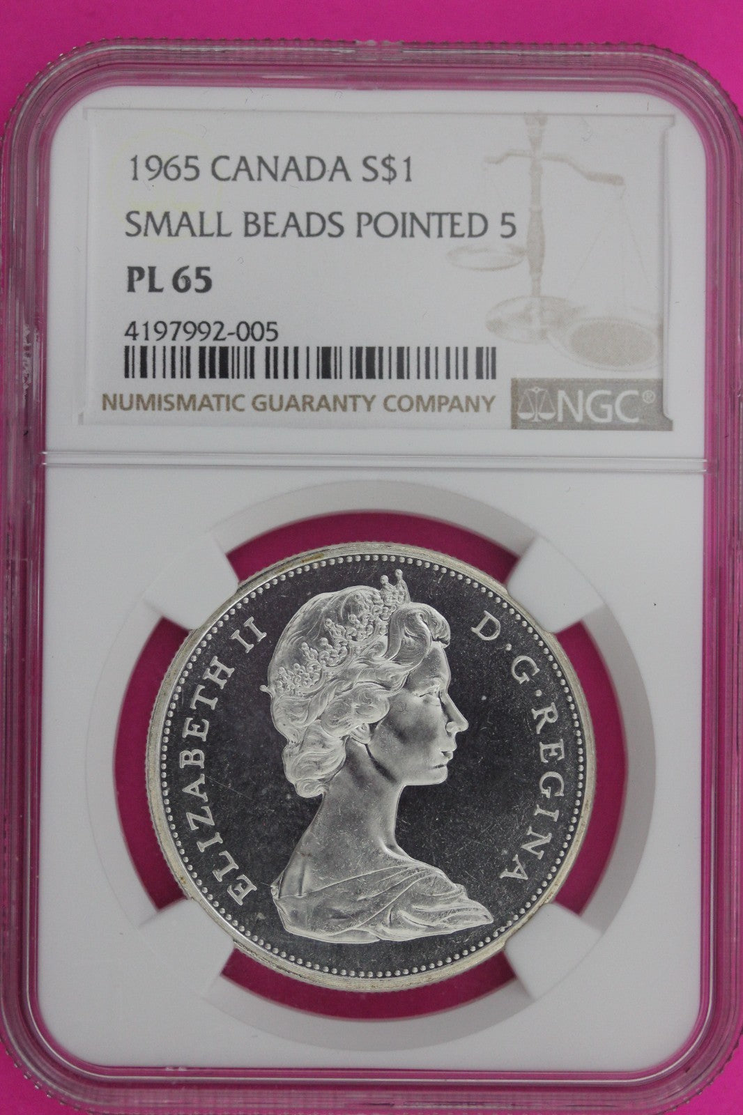 1965 PL 65 Canada Silver Dollar Small Beads Pointed 5 NGC Graded Certified 1204
