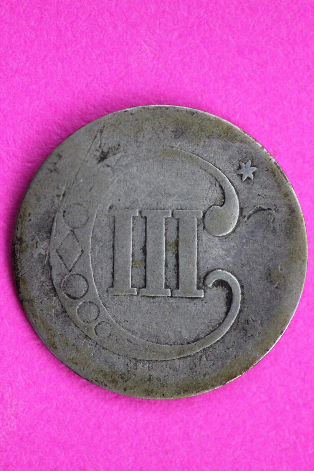 1852 Trime 3 Three Cent Silver Dime Low Grade Bent Filler Exact Coin Shown 03