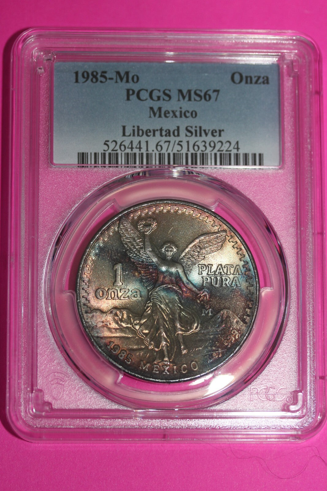 Rainbow Toned 1985 MS 67 Libertad Mexico 1 OZ Silver Coin PCGS Certified 220