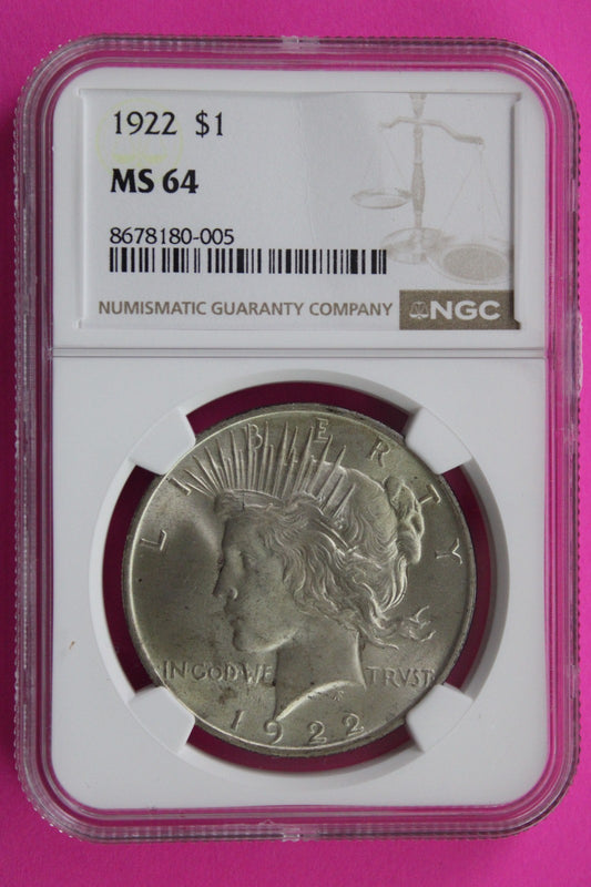1922 P MS 64 Liberty Peace Silver Dollar NGC Certified Graded Authentic 709