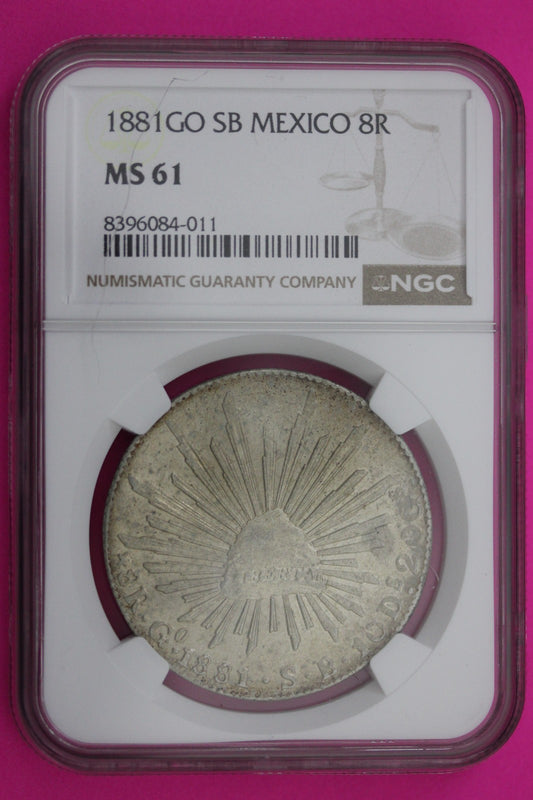 1881 GO SB Mexico 8 Reales MS 61 Silver NGC Authentic Graded Authentic Slab 581