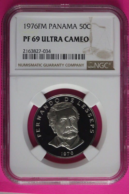 1976 Panama PF 69 Ultra Cameo Proof 50 Centesimos NGC Graded Authentic Slab 1038