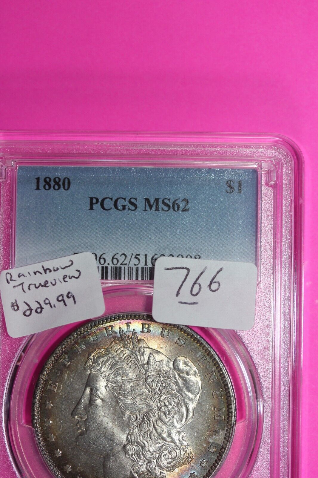 Rainbow Toned 1880 P MS 62 Liberty Morgan Silver Dollar PCGS Certified Slab 766