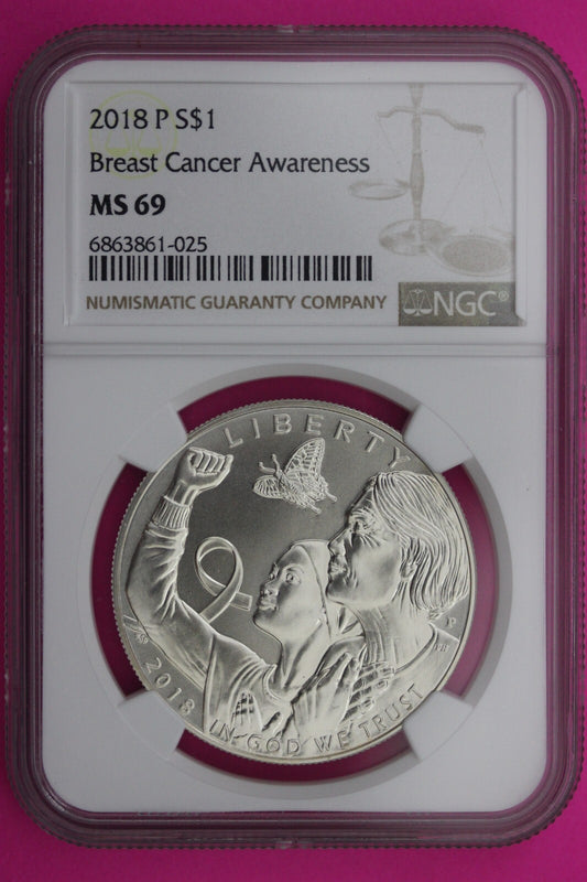2018 P MS 69 BU Breast Cancer Awareness Commemorative Silver Dollar NGC 293