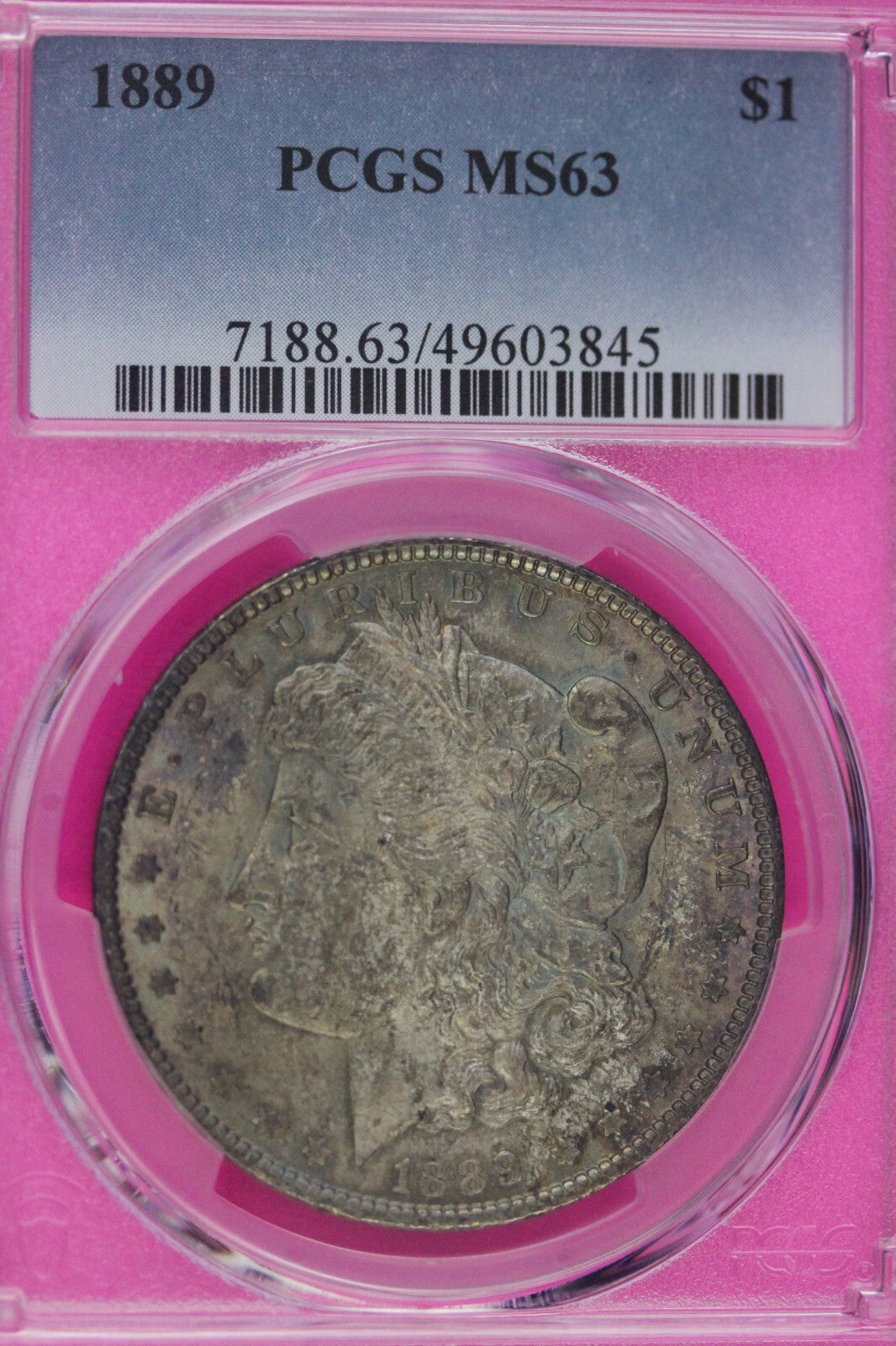 Toned 1889 P MS 63 Morgan Liberty Silver Dollar PCGS Certified Slab 34