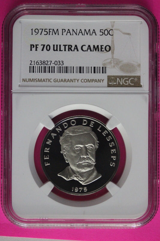 Top Pop 1975 Panama PF 70 Ultra Cameo Proof 50 Centesimos NGC Graded Slab 1037
