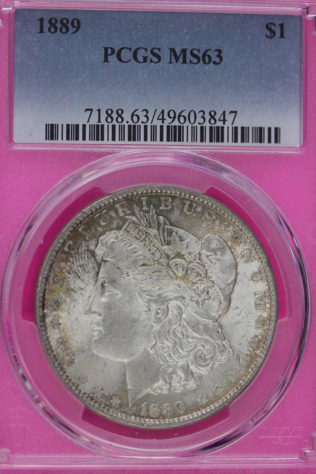 Toned 1889 P MS 63 Morgan Liberty Silver Dollar PCGS Certified Slab 38