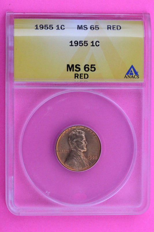 1955 P MS 65 RD Lincoln Wheat Cent Penny ANACS Graded Certified Authentic 98
