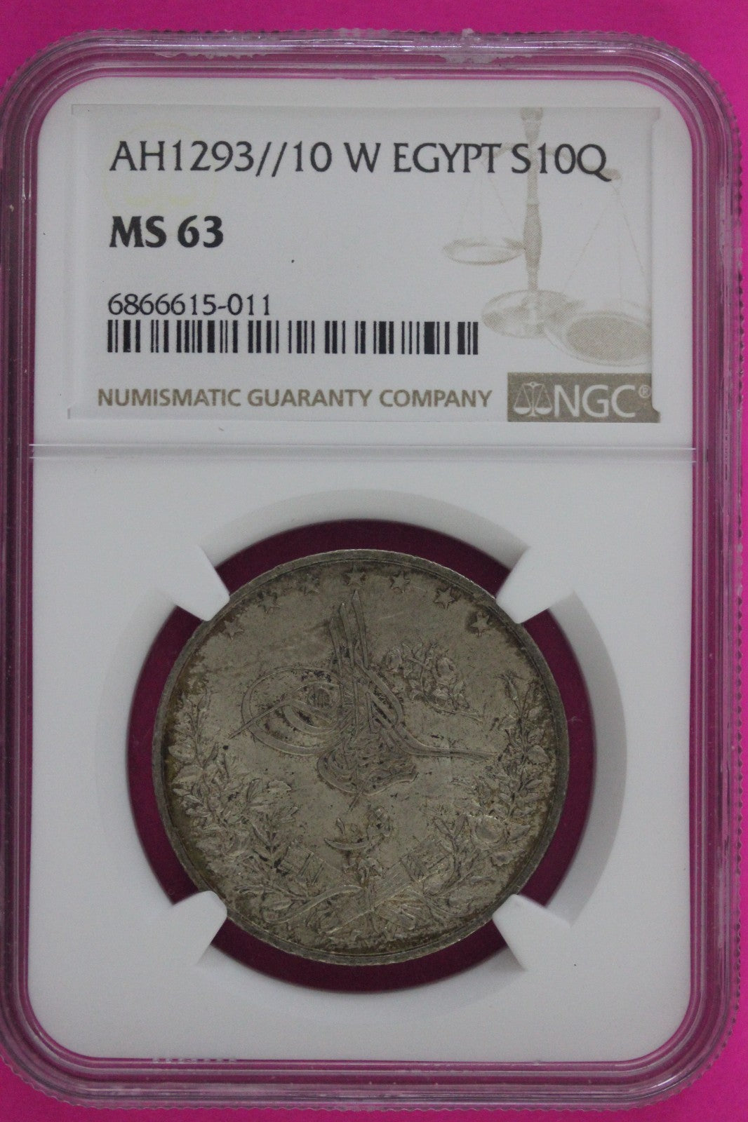 AH1293 10 W Egypt S 10 Quirsh MS 63 Silver Coin NGC Certified Graded Slab 99