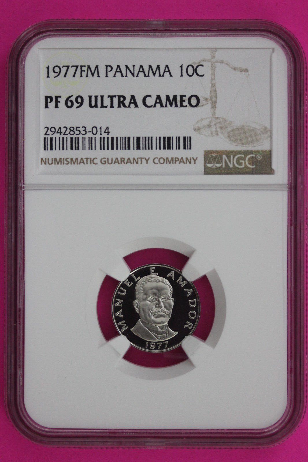 1977 Panama PF 69 Ultra Cameo Proof 10 Centesimos NGC Certified Graded Slab 1334