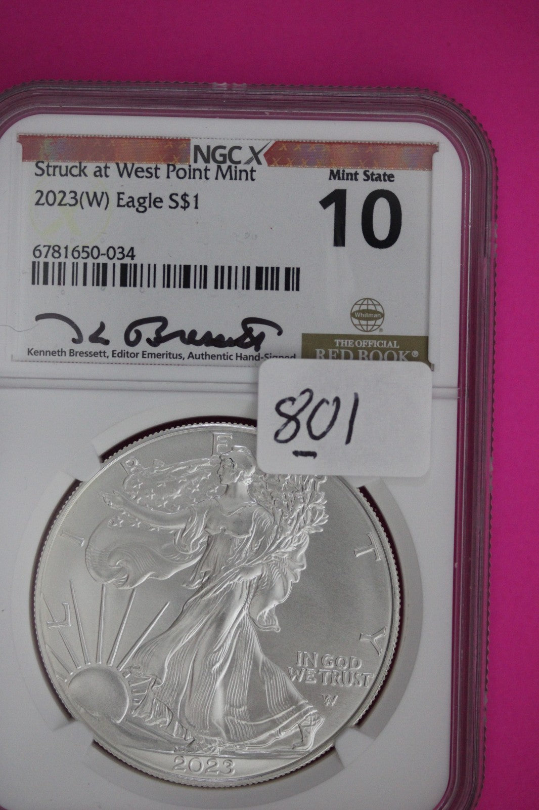 2023 W 10 (MS 70) Redbook Label Silver Eagle Coin NGC Certified Graded Slab 801