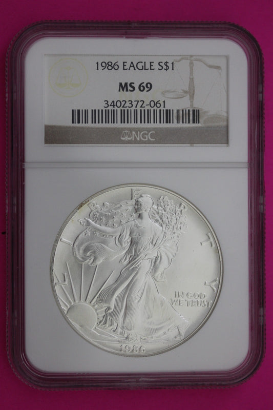 1986 MS 69 Silver Eagle 1 OZ .999 Silver NGC Certified Graded Authentic 180