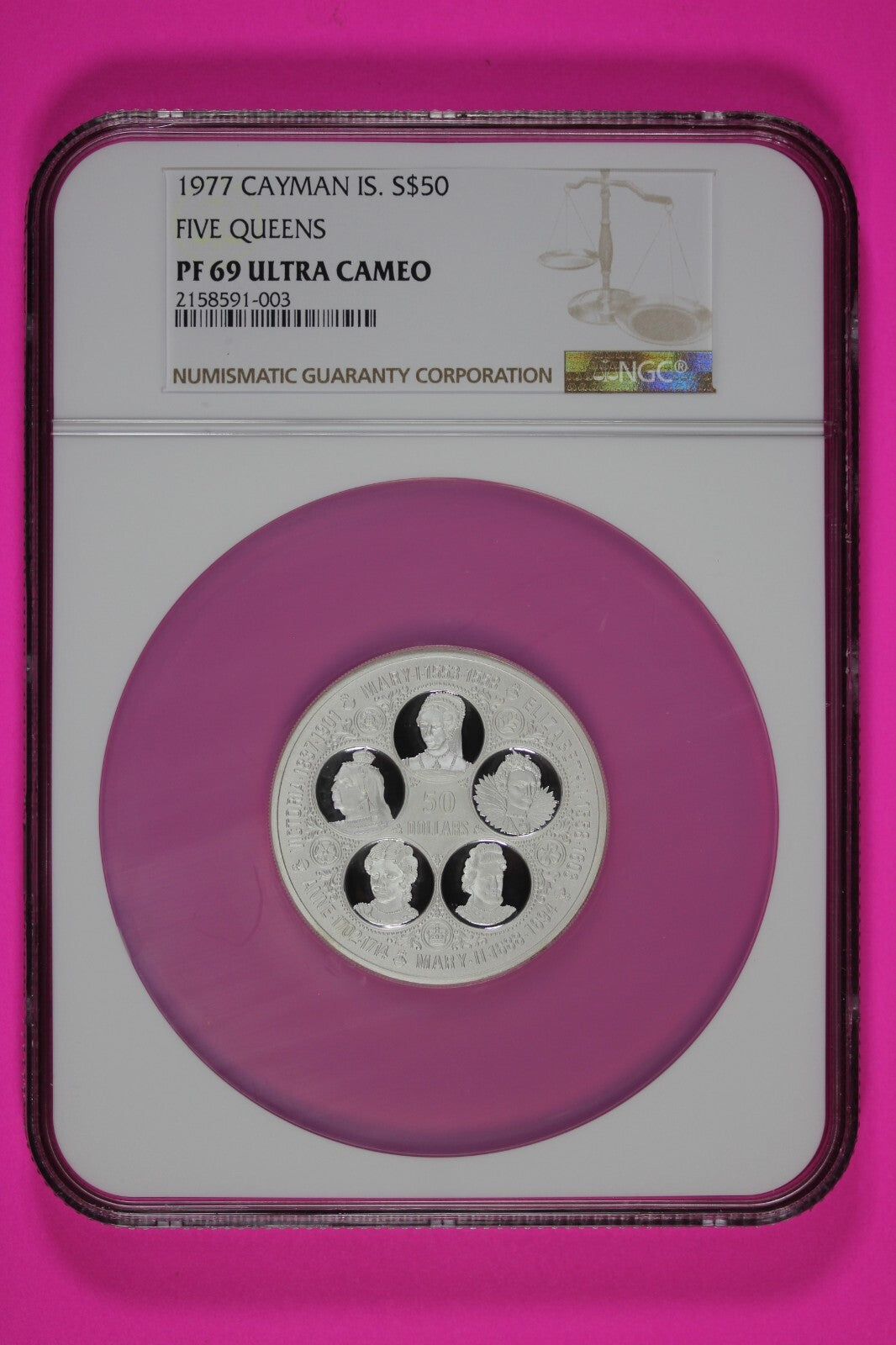 Top Pop Finest Known 1975 PF 69 Cayman Islands $50 Five Queens Silver NGC 7018