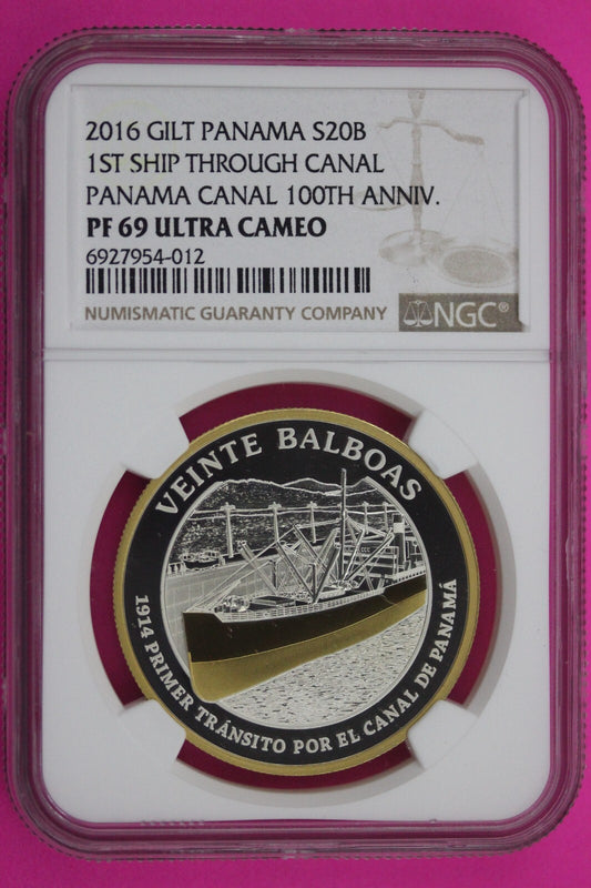 2016 PF 69 Gilt Panama Proof 20 Balboas Canal 1rst Ship 100 Anniversary NGC 192