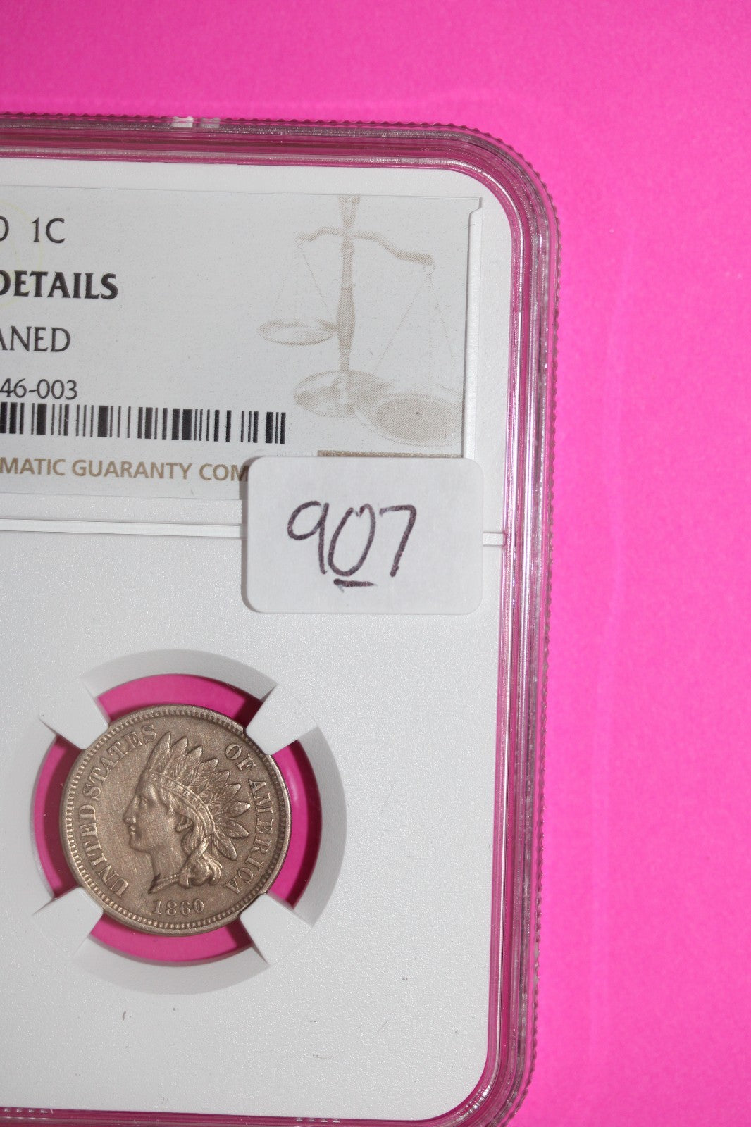 1860 Indian Head Cent Penny AU Details Cleaned NGC Certified Authentic Slab 907