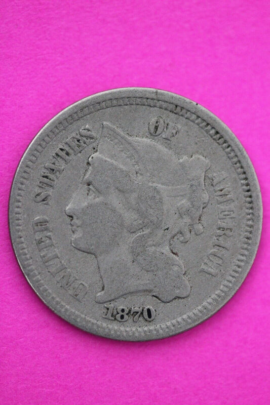 1870 Three 3 Cent Nickel Scarce Semi Key Date Type Coin Philadelphia Mint 107