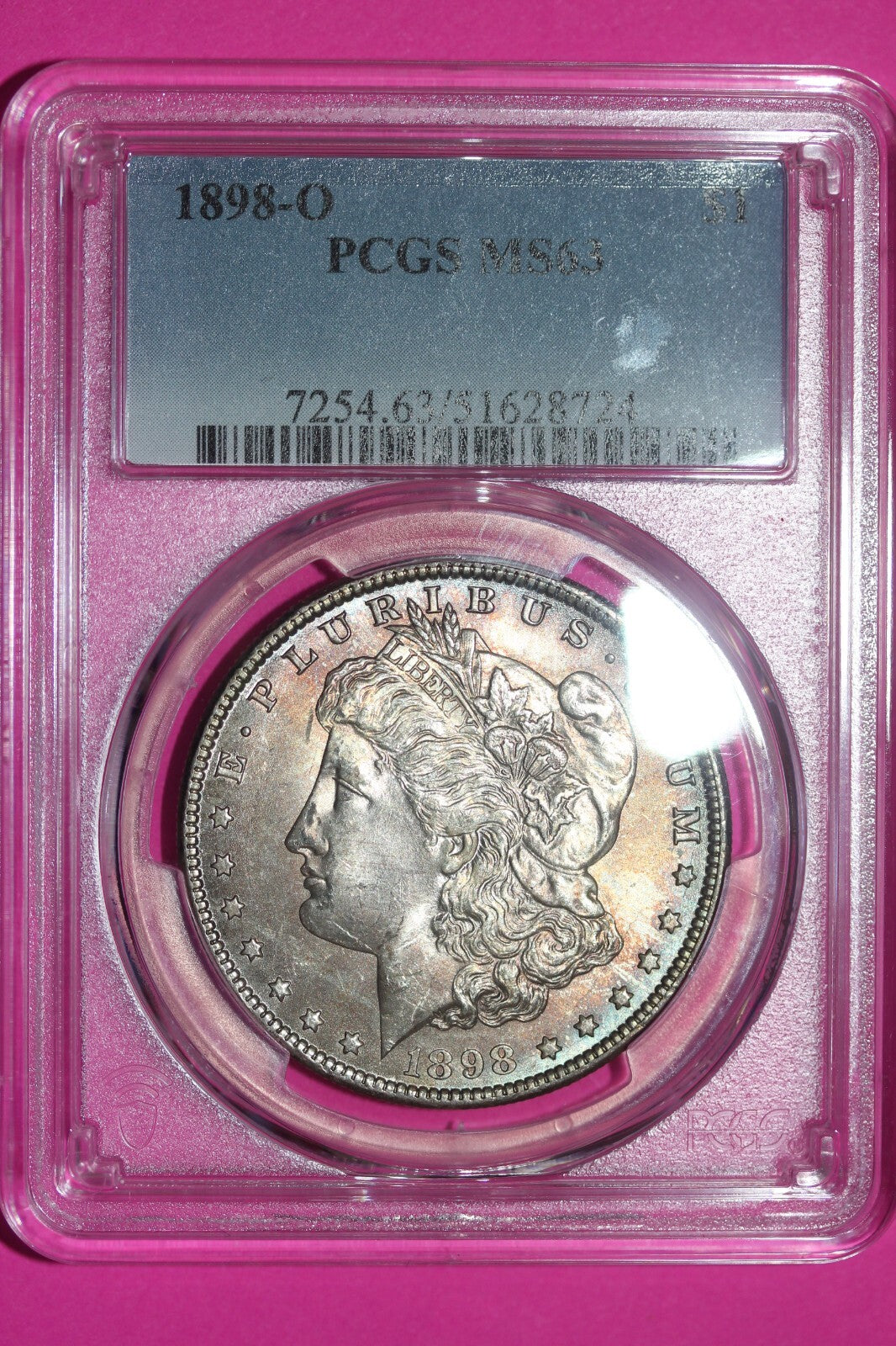 Toned 1898 O MS 63 Liberty Morgan Silver Dollar PCGS Certified Graded Slab 1064