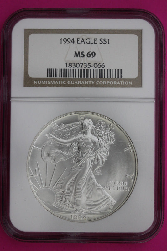 1994 MS 69 Silver Eagle Coin 1 OZ .999 NGC Graded Certified Authentic Slab 484
