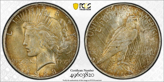 Toned 1923 P MS 62 Peace Silver Dollar PCGS Graded Certified Authentic Slab 81