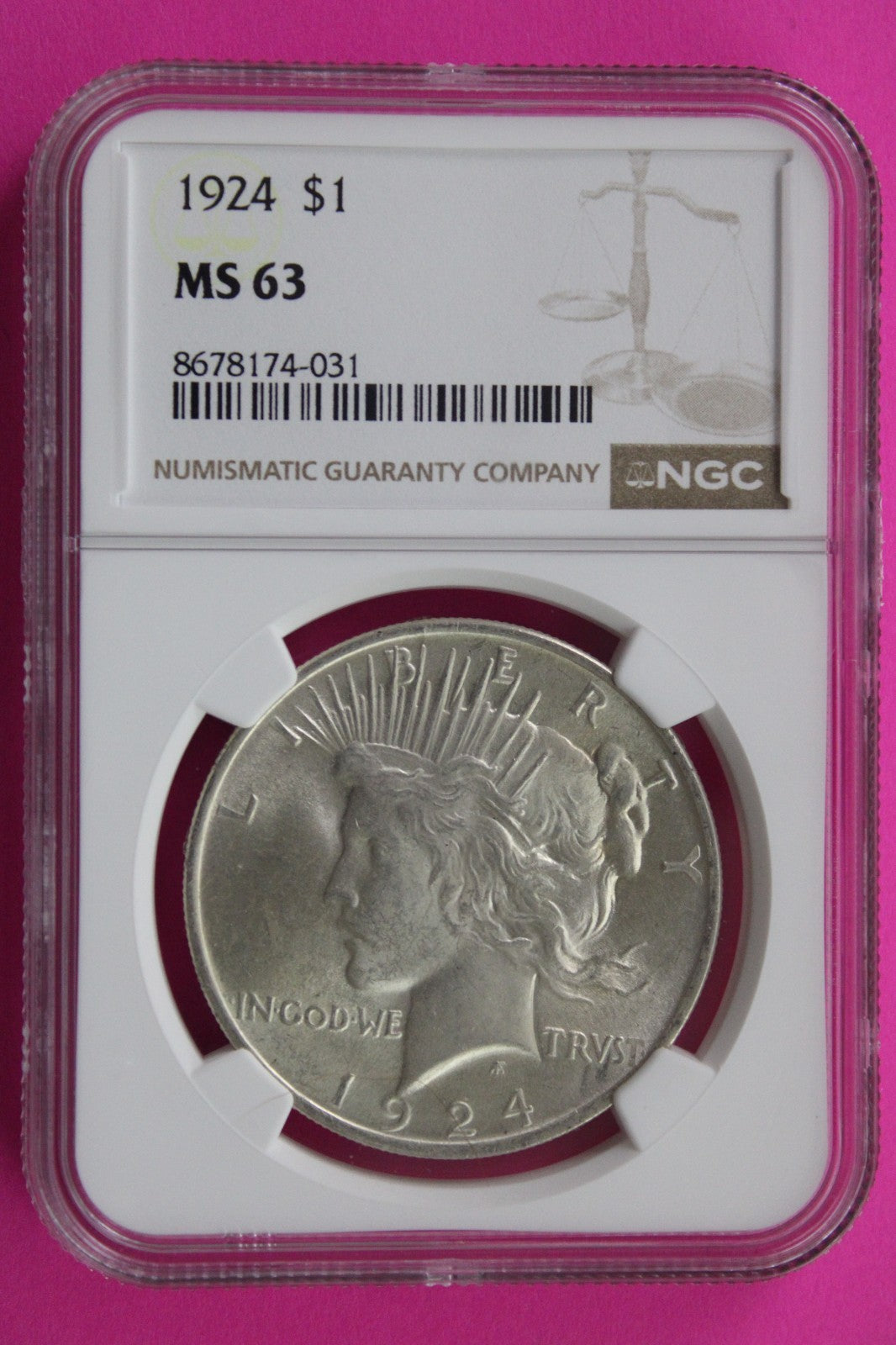 1924 P MS 63 Liberty Peace Silver Dollar NGC Certified Graded Authentic 723