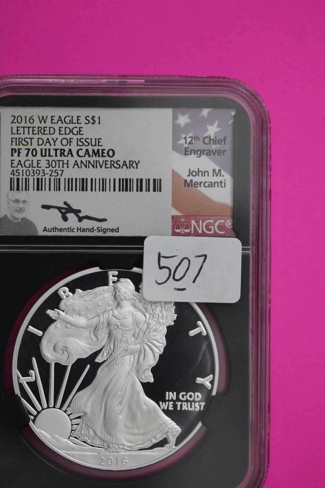 2016 W PF 70 Proof DCAM Silver American Eagle Lettered Edge NGC Mercanti Sig 507