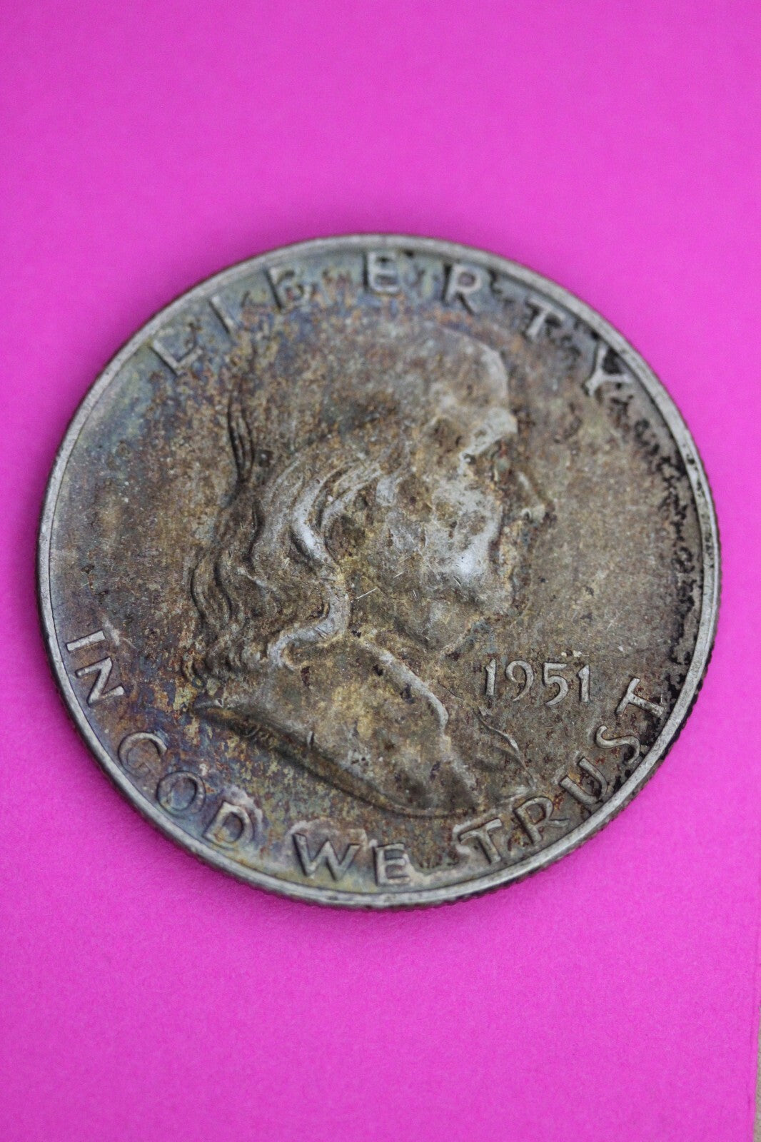 High Grade Toned 1951 D Ben Franklin Silver Half Dollar Exact Coin Shown 12