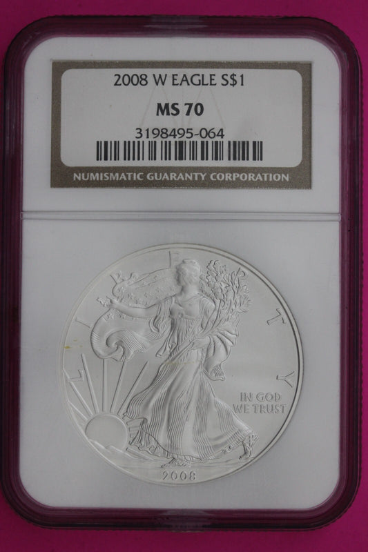 2008 W MS 70 Silver Eagle Coin 1 OZ .999 NGC Graded Certified Authentic Slab 482