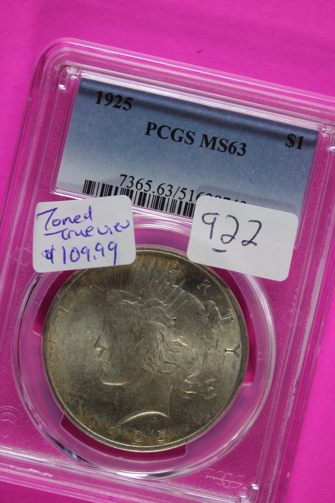 Toned 1925 P MS 63 Peace Silver Dollar PCGS Graded Certified Authentic Slab 922