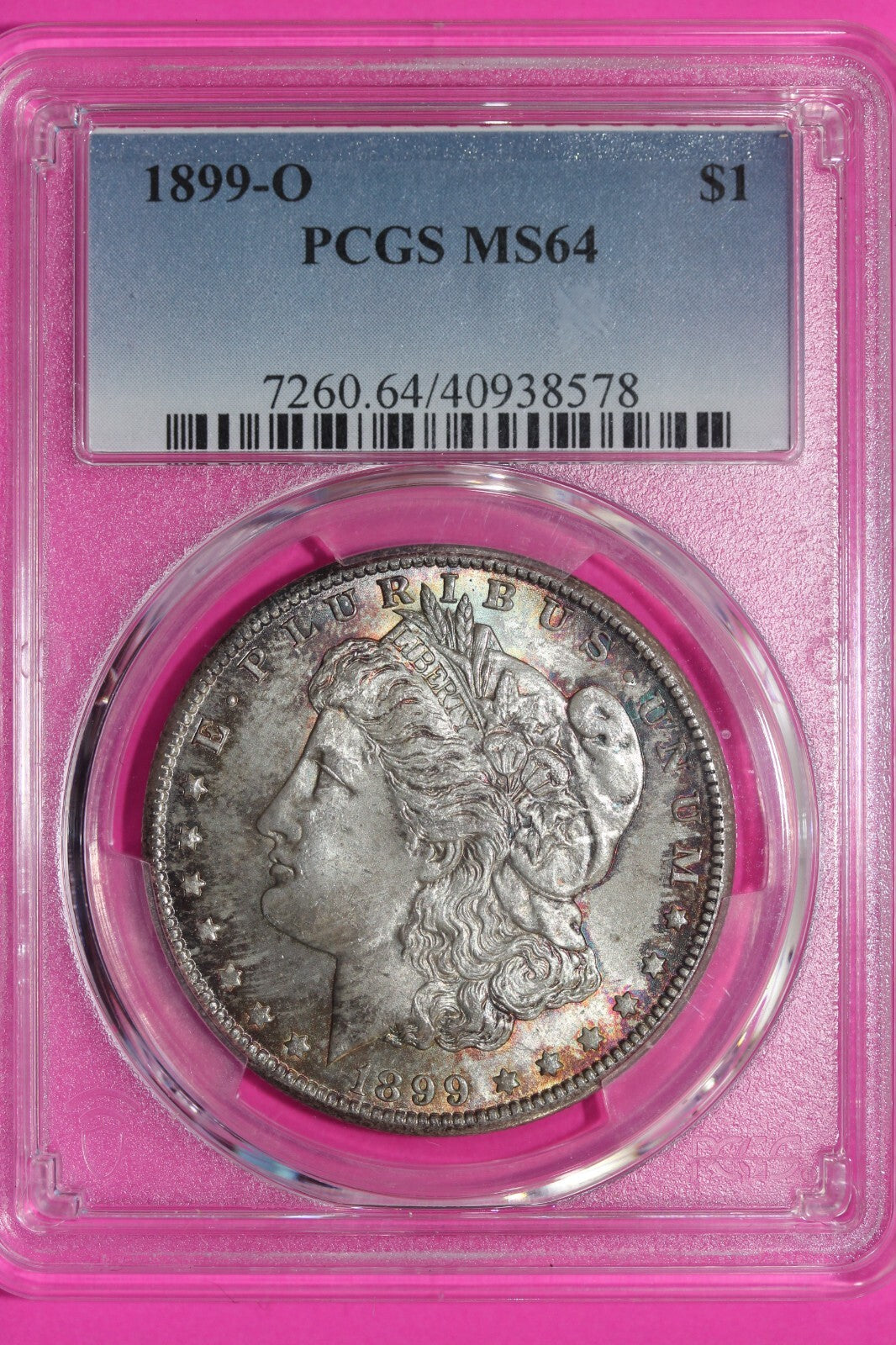Rainbow Toned 1899 O MS 64 Liberty Morgan Silver Dollar PCGS Certified Slab 379