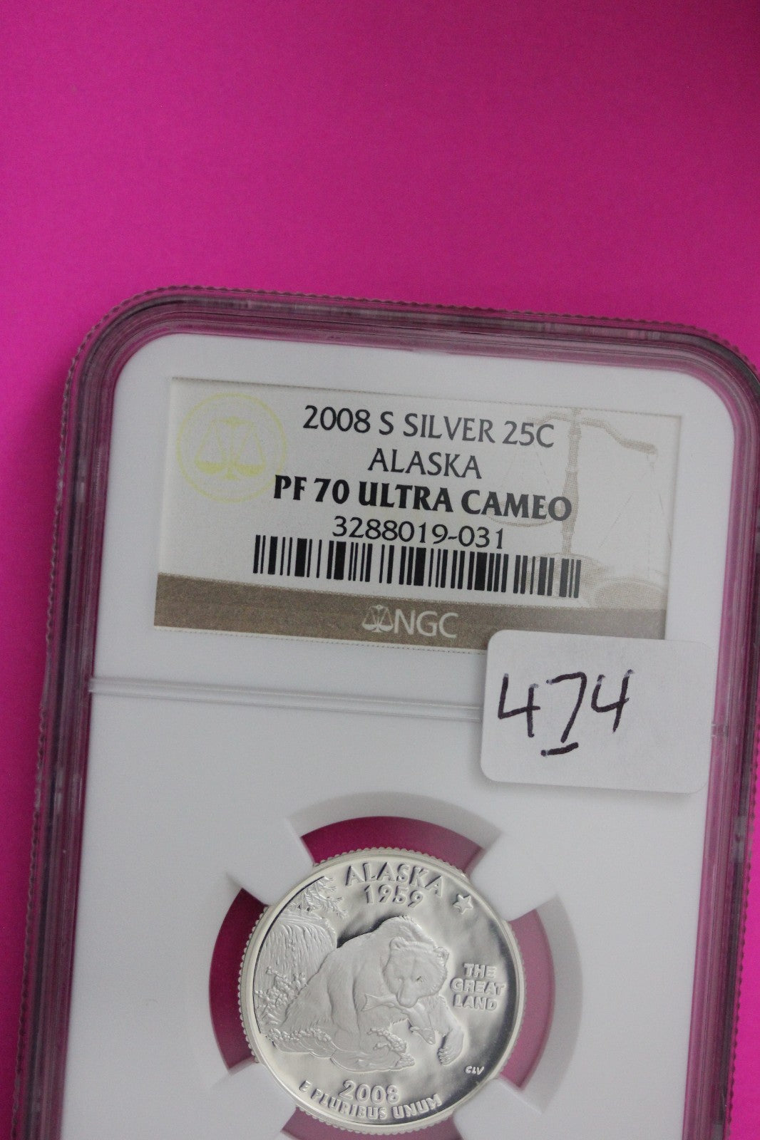 2008 S PF 70 Alaska Silver State Quarter NGC Certified Authentic Slab 474