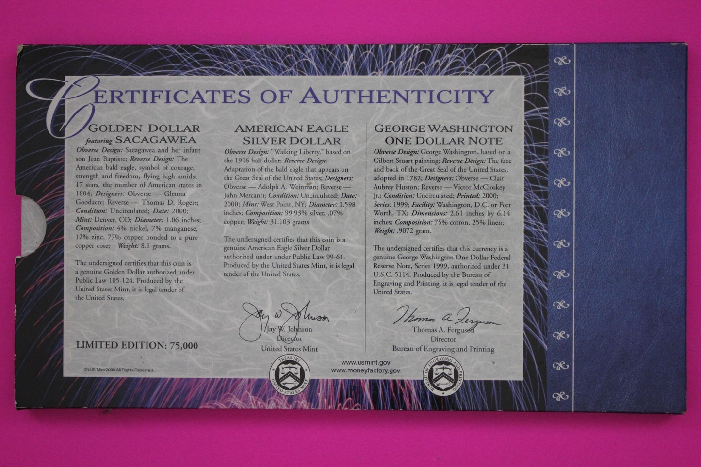 Rare 2000 Coin & Currency Millenium Set Silver Eagle & Sacagawea & $1 Note 9010