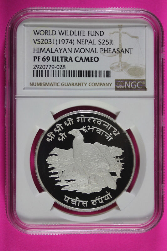 1974 PF 69 Nepal Himalayan Pheasant World Wildlife Fund  25 Rupee NGC Slab 478