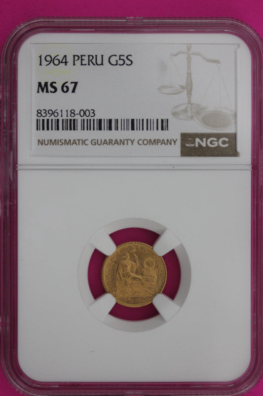Gold 1964 MS 67 Peru G 5 Soles NGC Certified Graded Authentic & Genuine 1226