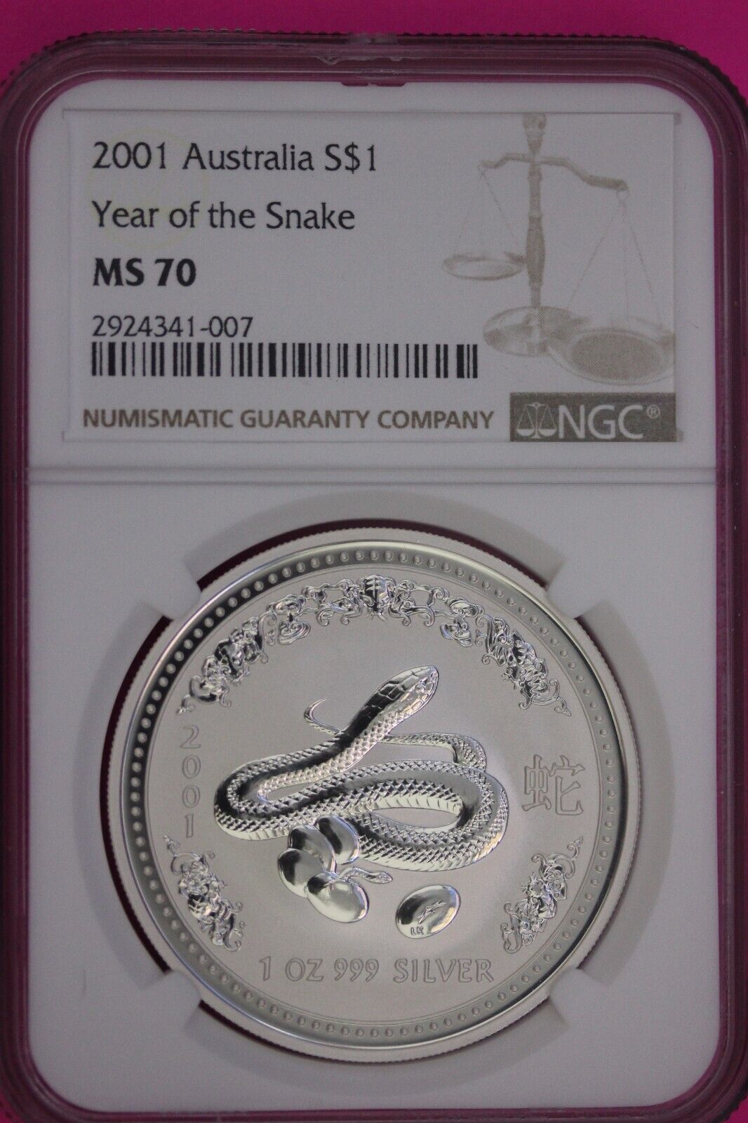 Top Pop None Finer 2001 MS 70 Year Of The Snake Australia NGC Certified Slab 836