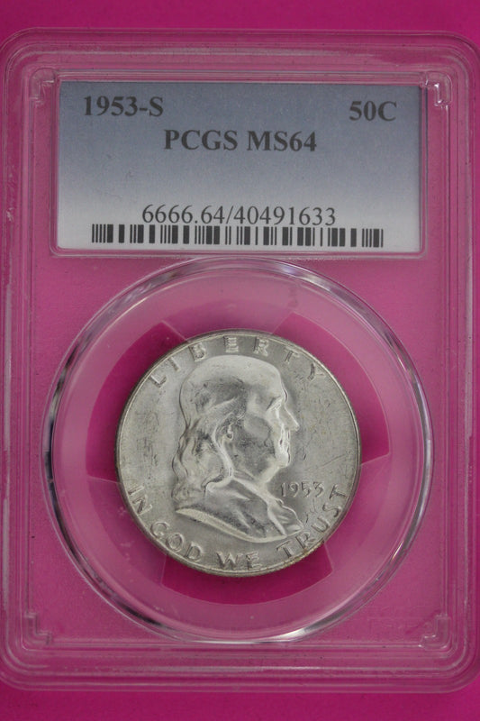 1953 S MS 64 Ben Franklin Silver Half Dollar PCGS Certified Authentic Slab 1190