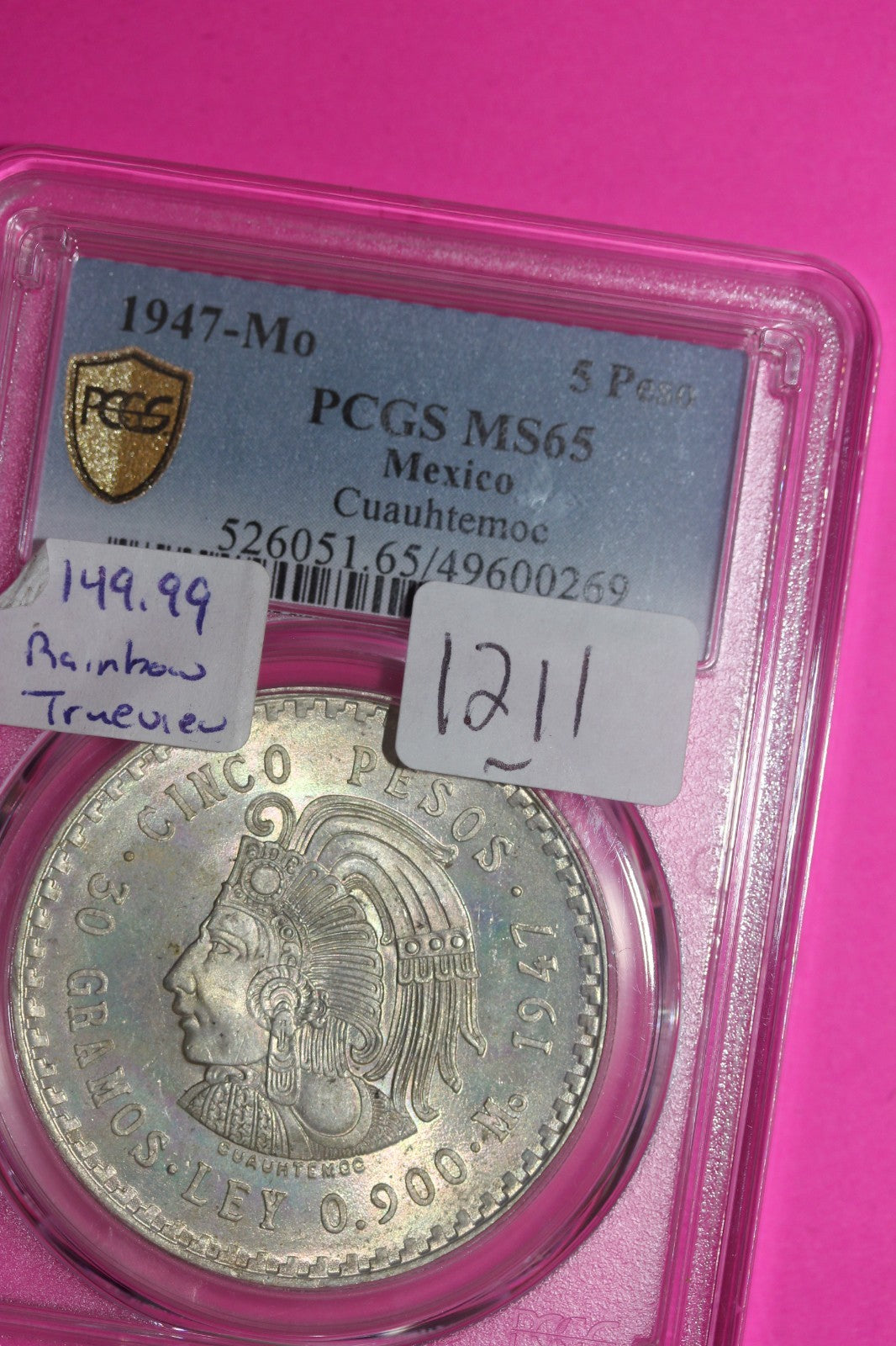 Toned 1947 MS 65 Mexico Cuahtemoc 5 Peso PCGS Certified Graded Authentic 1211