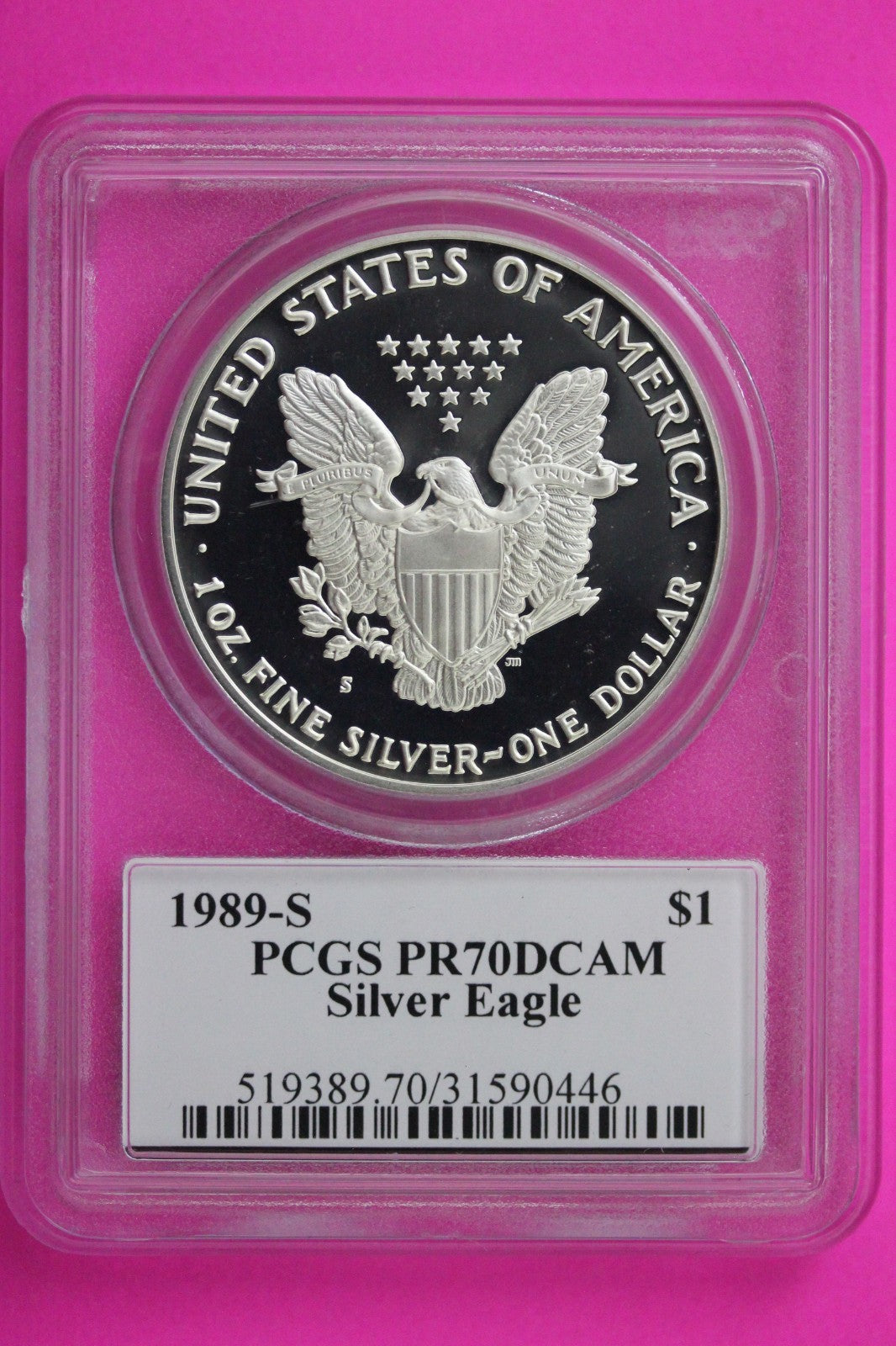 1989 S PR 70 Silver American Eagle Mercanti Signature PCGS Certified Slab 358