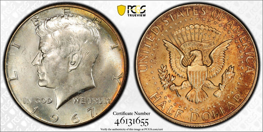 Toned Color 1967 MS 65 Kennedy Half Dollar PCGS Graded Slab Trueview 1200