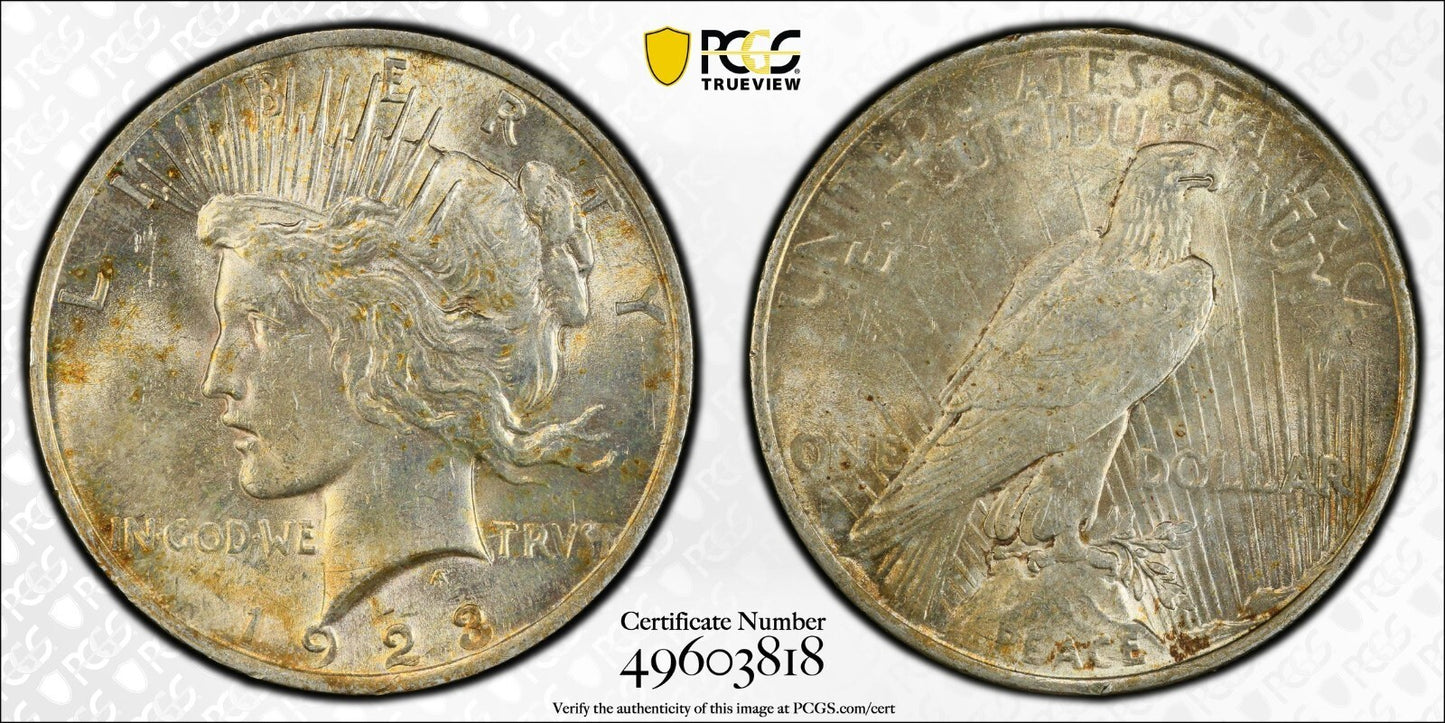 Toned 1923 P MS 62 Peace Silver Dollar PCGS Graded Certified Authentic Slab 78