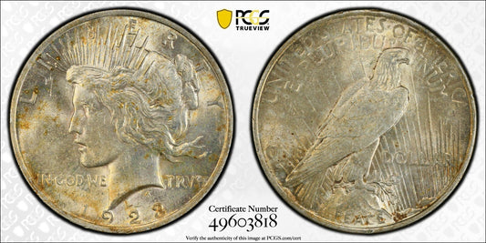Toned 1923 P MS 62 Peace Silver Dollar PCGS Graded Certified Authentic Slab 78