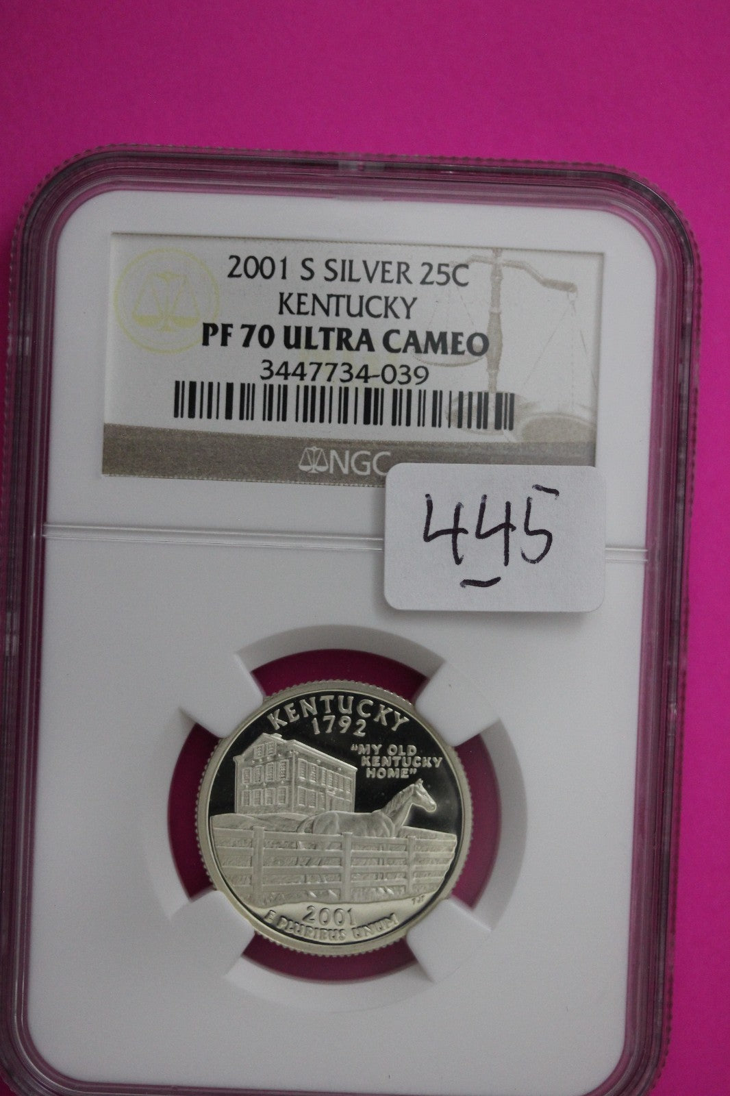 2001 S PF 70 Kentucky Silver State Quarter NGC Certified Authentic Slab 445