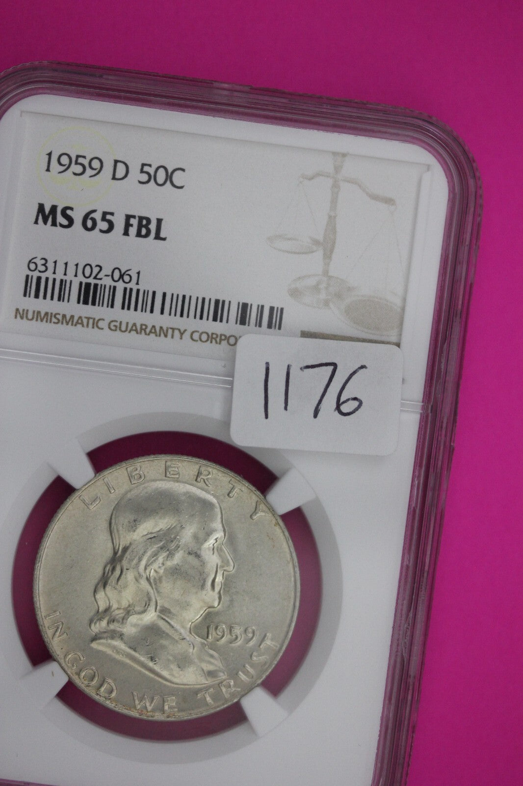 1959 D MS 65 Full Bell Lines Ben Franklin Silver Half Dollar NGC FBL Slab 1176