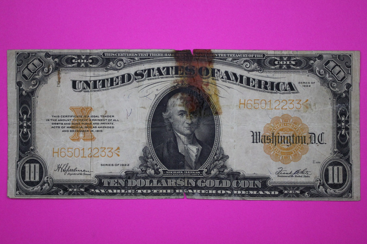 1922 $10 Ten Dollars Gold Certificate FR 1173 Guaranteed Authentic & Genuine 47